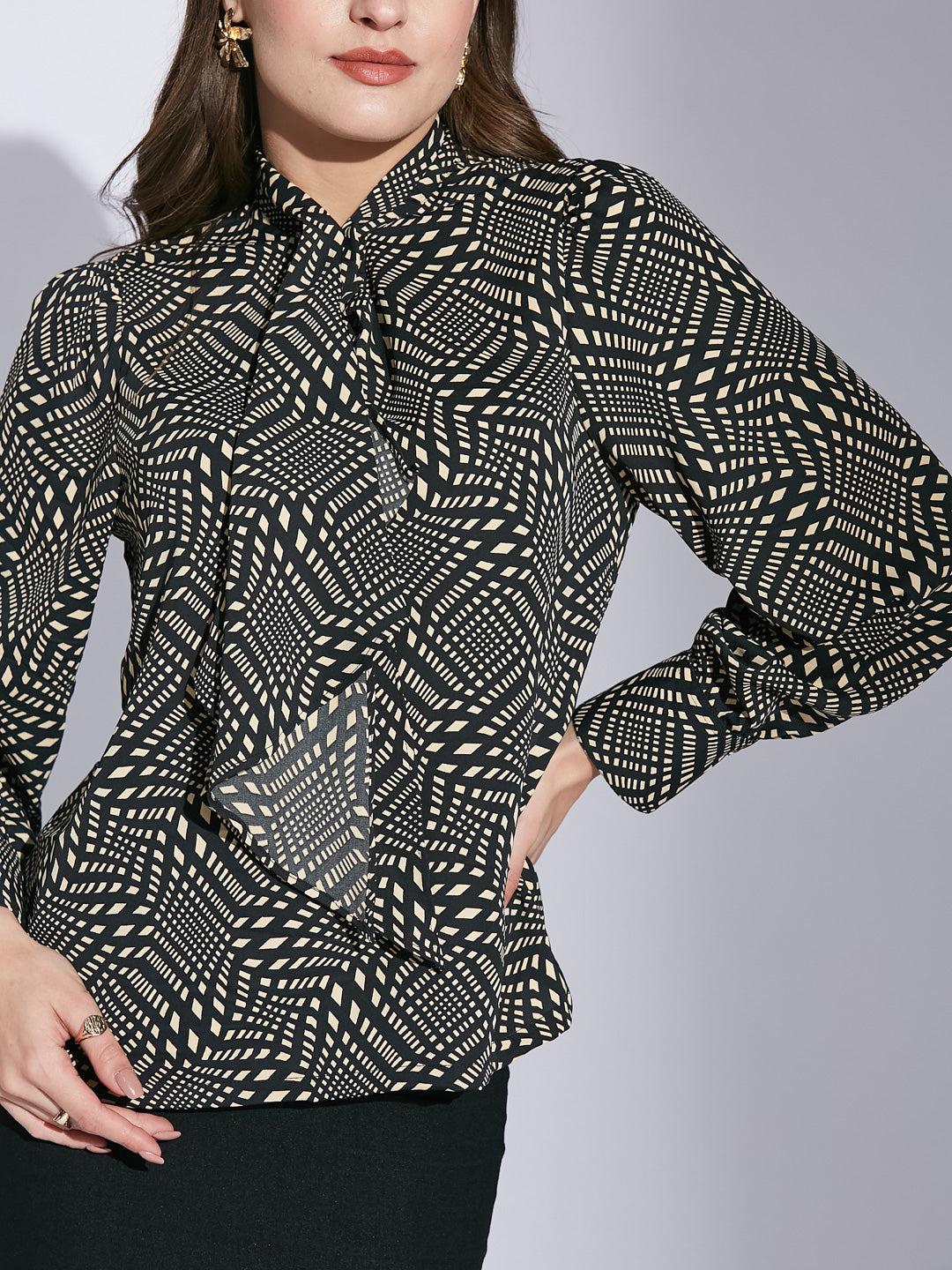 Latin Quarters Women Black Tie-Up Neck Full Sleeve Printed Top