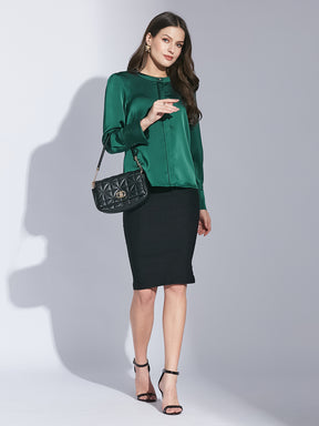 Latin Quarters Women Green Mandarin Collar Full Sleeve Solid Shirt