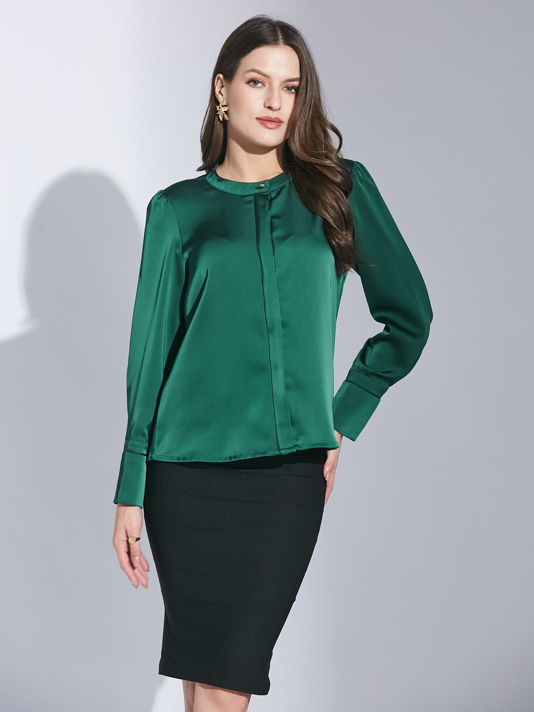 Latin Quarters Women Green Mandarin Collar Full Sleeve Solid Shirt