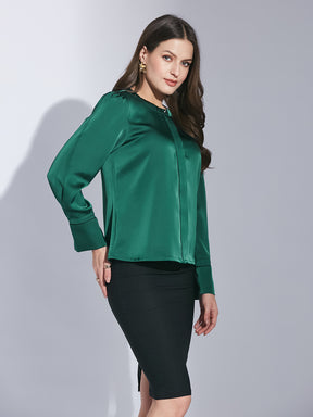 Latin Quarters Women Green Mandarin Collar Full Sleeve Solid Shirt