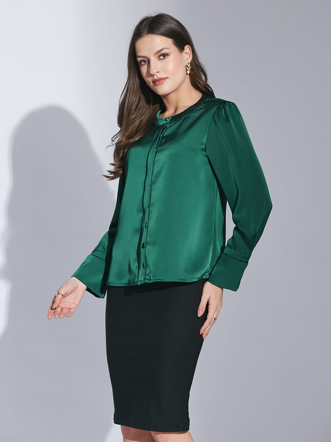 Latin Quarters Women Green Mandarin Collar Full Sleeve Solid Shirt