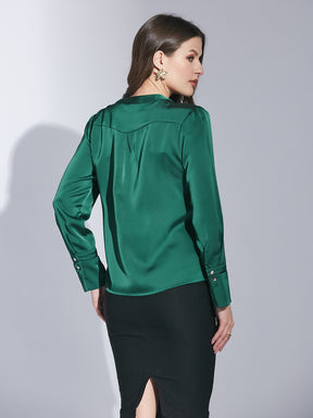 Latin Quarters Women Green Mandarin Collar Full Sleeve Solid Shirt