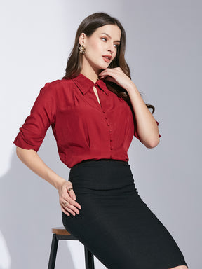 Latin Quarters Women's Maroon Half Sleeves Solid Collared Casual Shirt