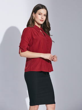 Latin Quarters Women's Maroon Half Sleeves Solid Collared Casual Shirt