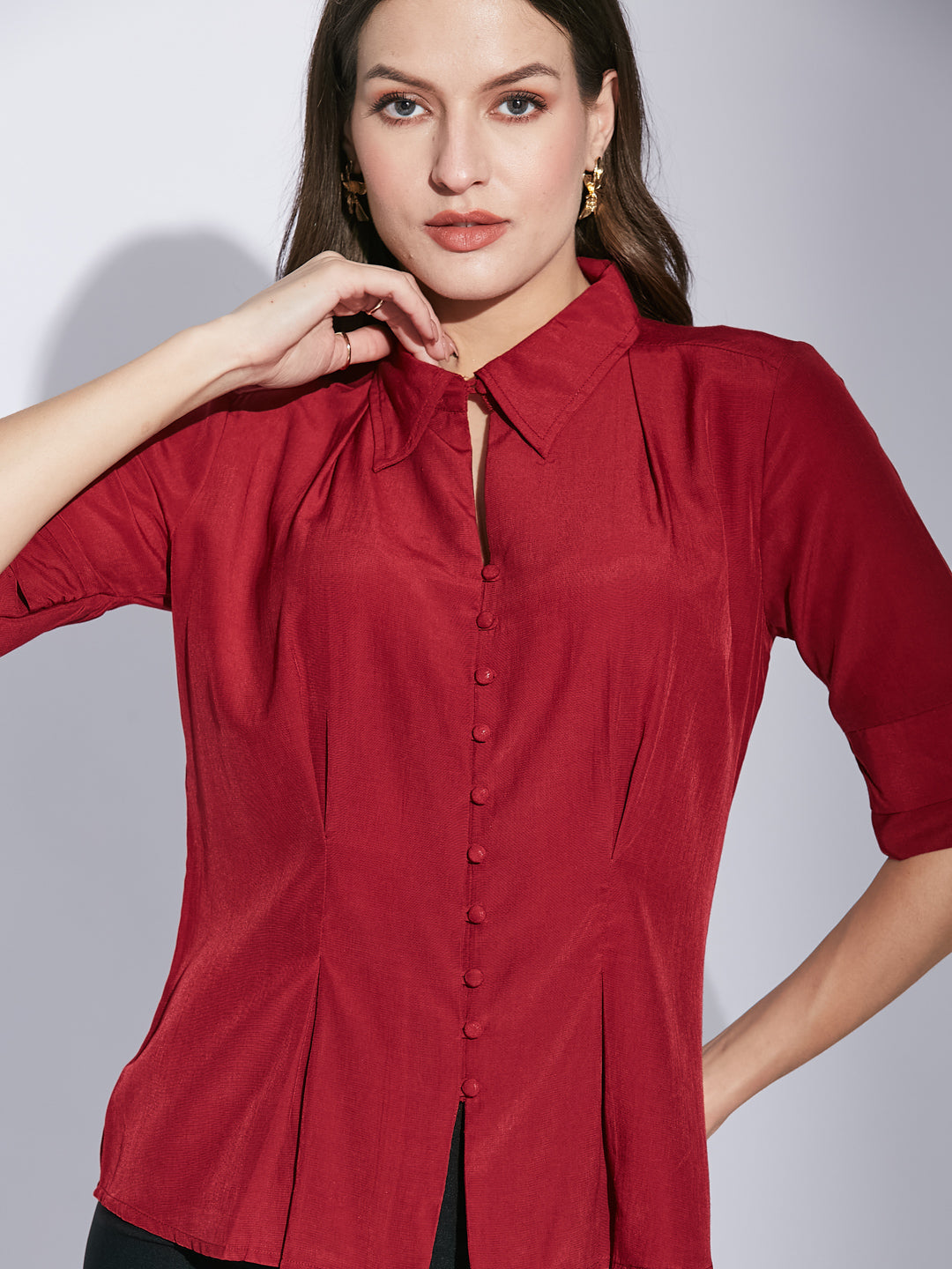 Latin Quarters Women's Maroon Half Sleeves Solid Collared Casual Shirt