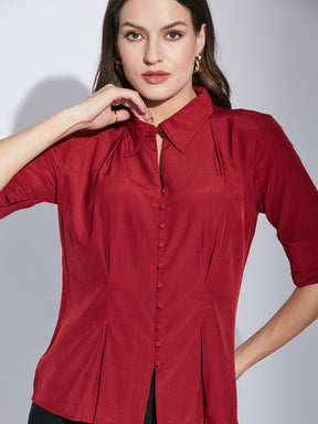 Latin Quarters Women's Maroon Half Sleeves Solid Collared Casual Shirt