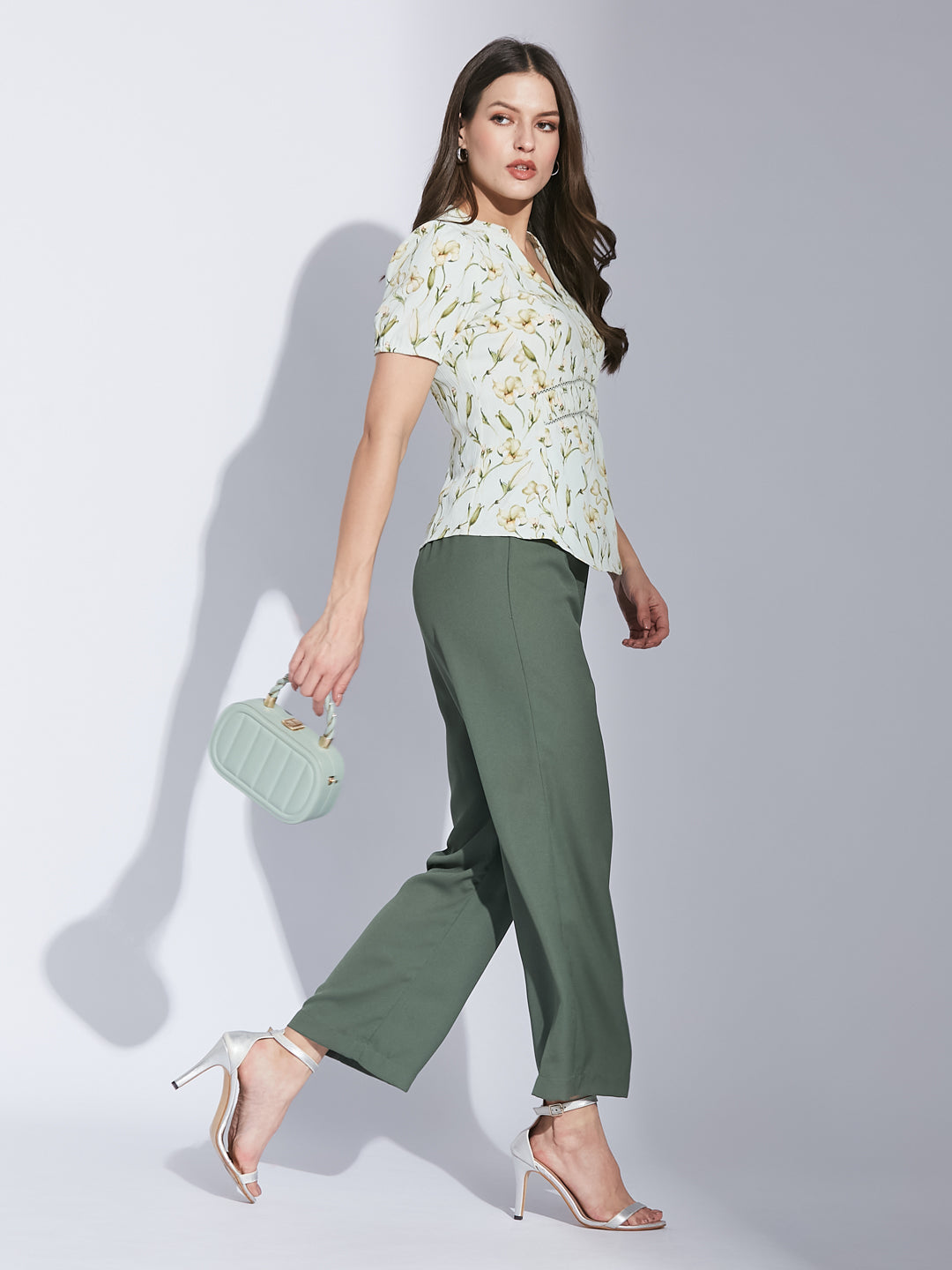 Latin Quarters Women Green Mandarin Collar Half Sleeve Floral Top