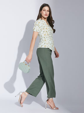 Latin Quarters Women Green Mandarin Collar Half Sleeve Floral Top