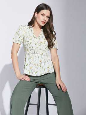 Latin Quarters Women Green Mandarin Collar Half Sleeve Floral Top