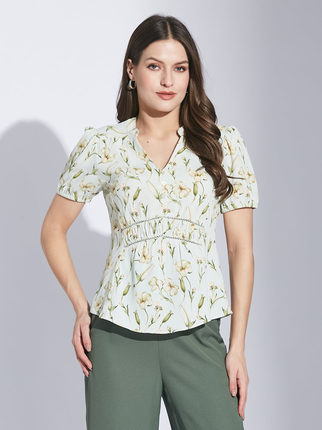 Latin Quarters Women Green Mandarin Collar Half Sleeve Floral Top