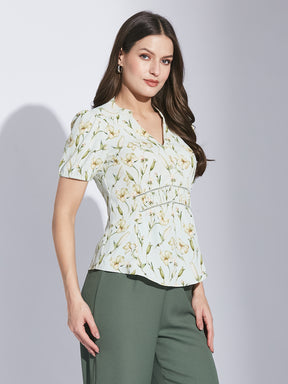 Latin Quarters Women Green Mandarin Collar Half Sleeve Floral Top