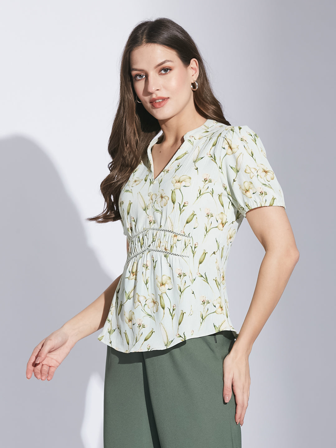 Latin Quarters Women Green Mandarin Collar Half Sleeve Floral Top