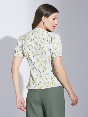 Latin Quarters Women Green Mandarin Collar Half Sleeve Floral Top