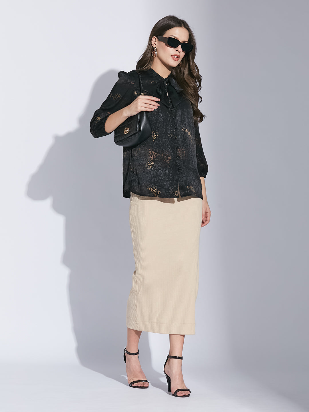 Latin Quarters Women Black Tie-Up Neck 3/4 Sleeve Printed Top