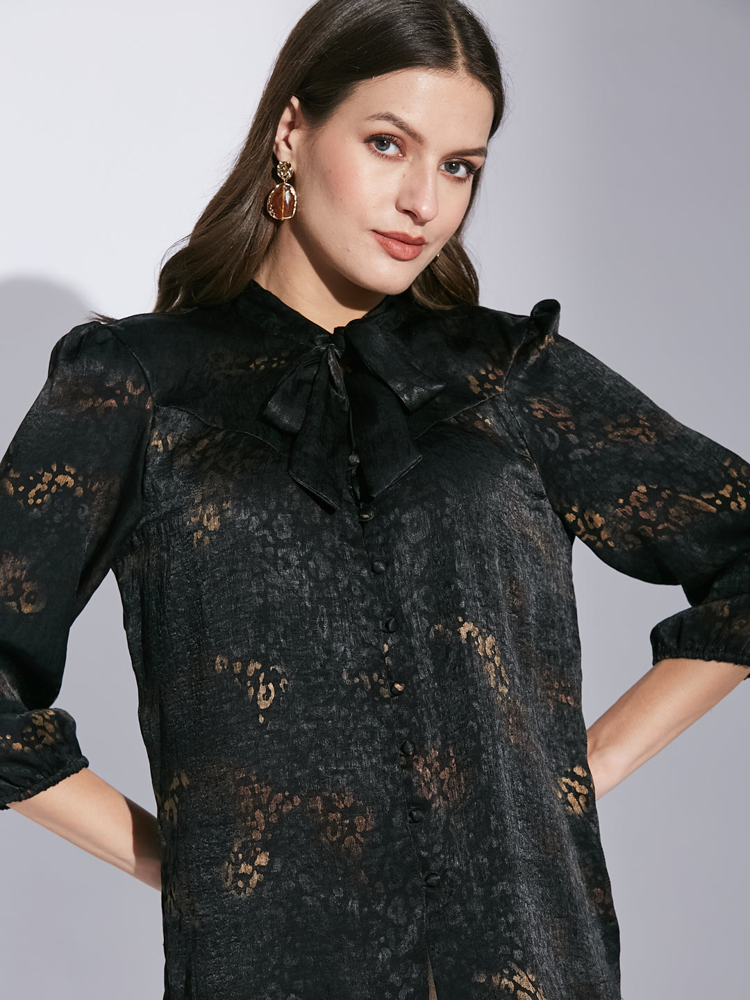 Latin Quarters Women Black Tie-Up Neck 3/4 Sleeve Printed Top