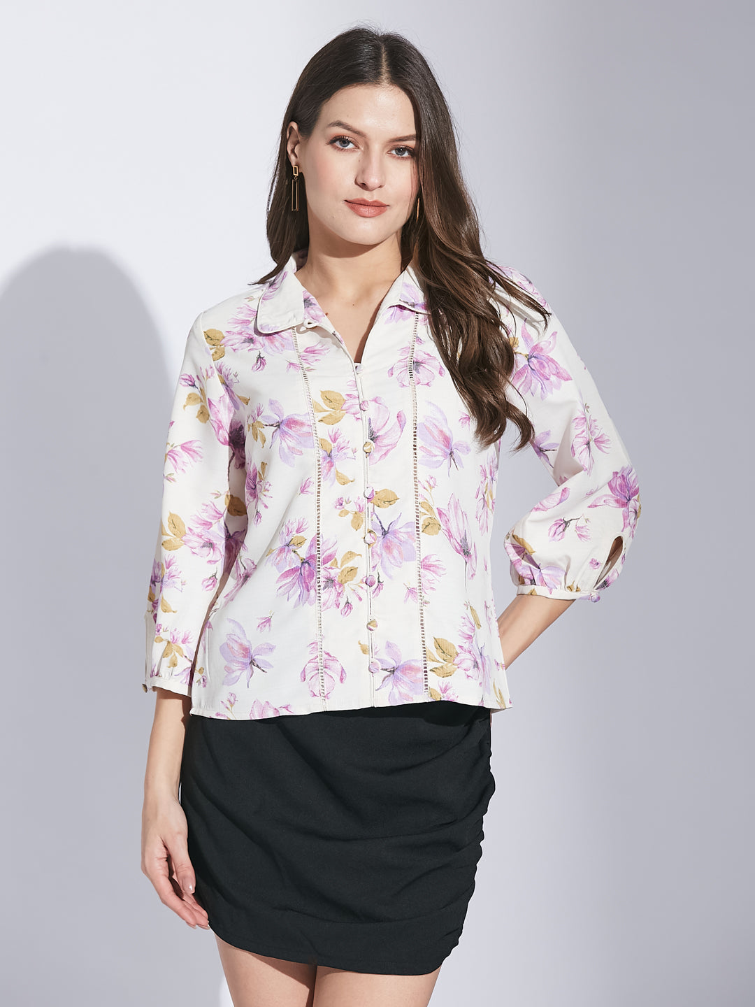 Latin Quarters Women Lilac Shirt Collar 3/4 Sleeve Floral Top