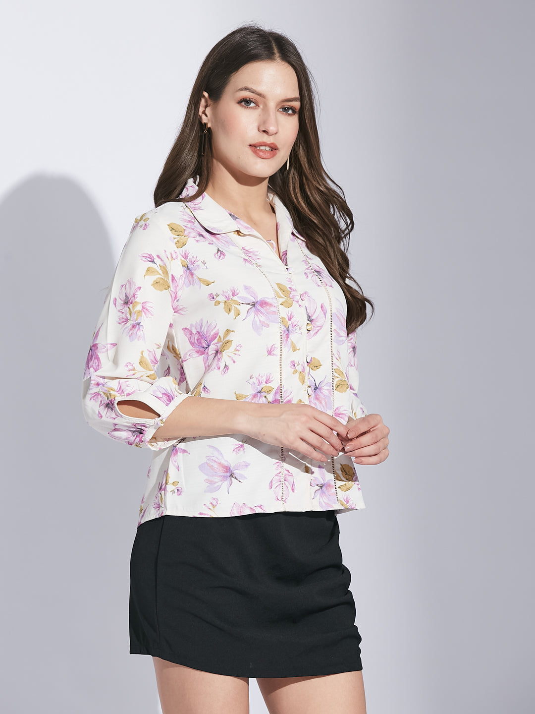 Latin Quarters Women Lilac Shirt Collar 3/4 Sleeve Floral Top