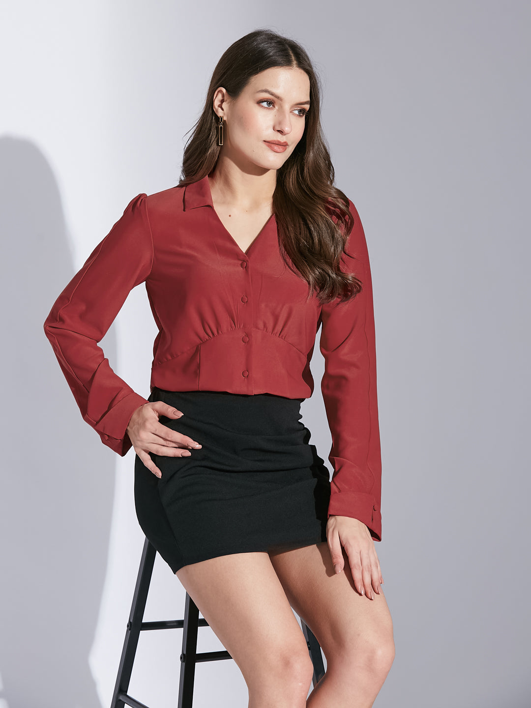 Latin Quarters Women Red Shirt Collar Full Sleeve Solid Shirt