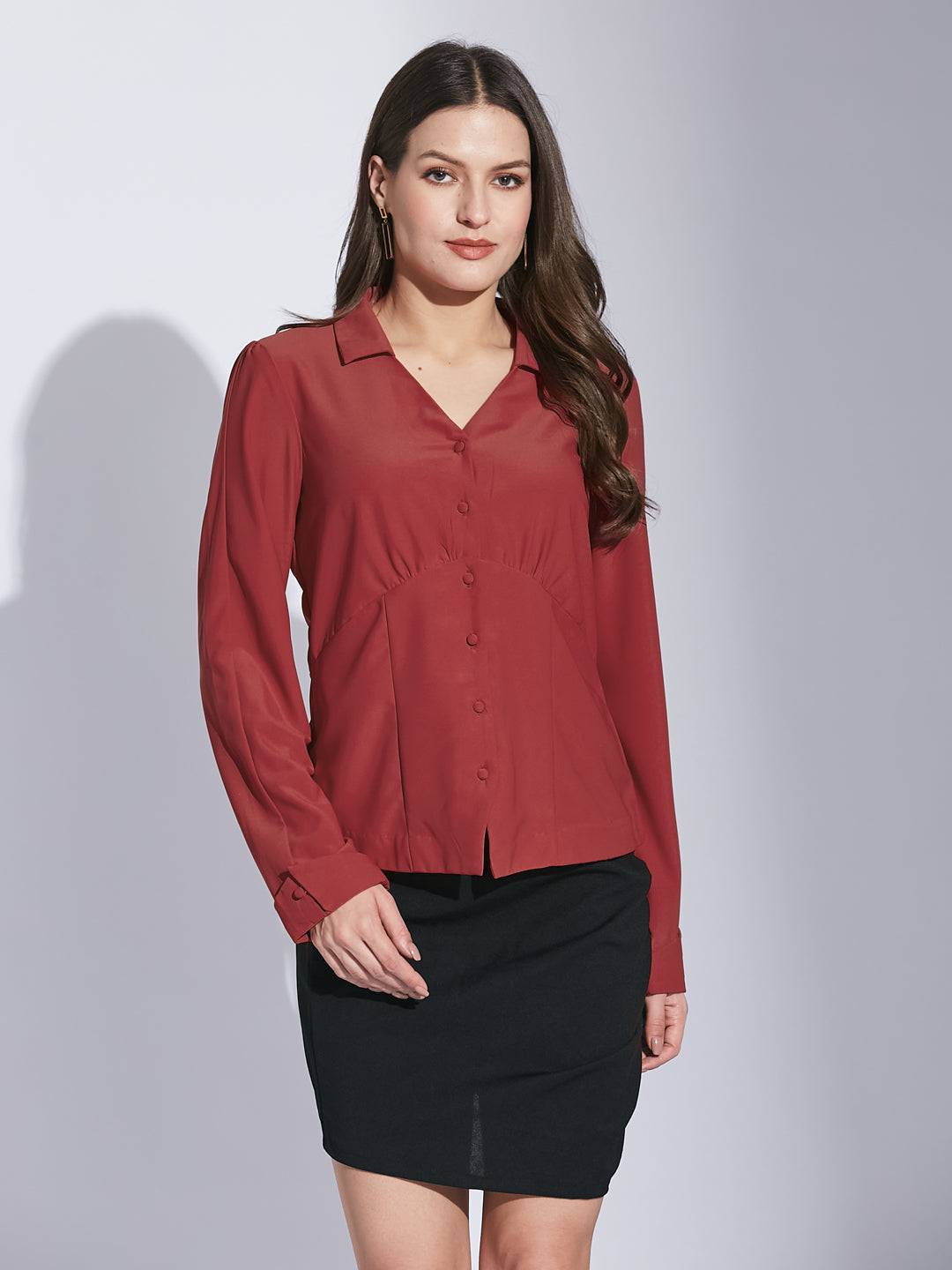 Latin Quarters Women Red Shirt Collar Full Sleeve Solid Shirt