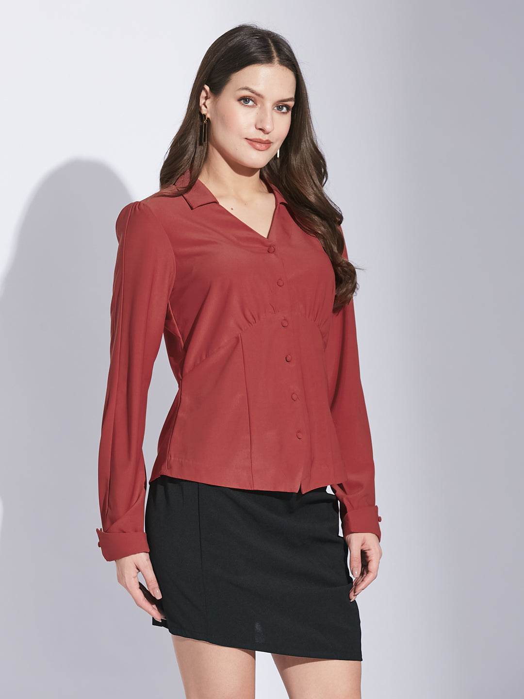 Latin Quarters Women Red Shirt Collar Full Sleeve Solid Shirt