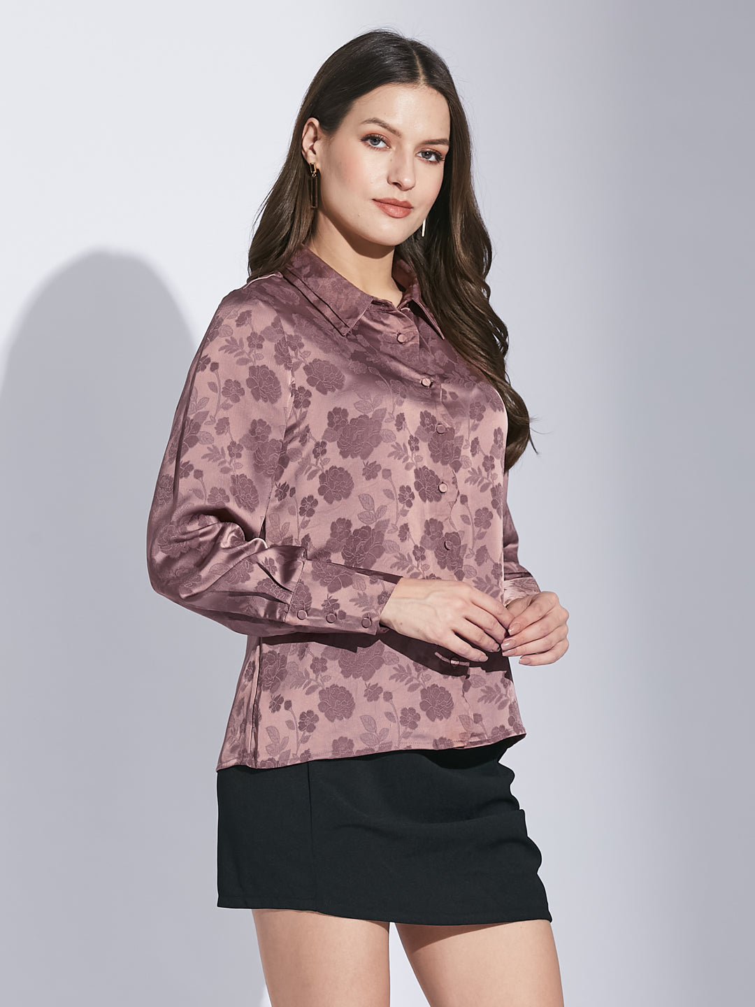 Latin Quarters Women Pink Shirt Collar Full Sleeve Floral Shirt