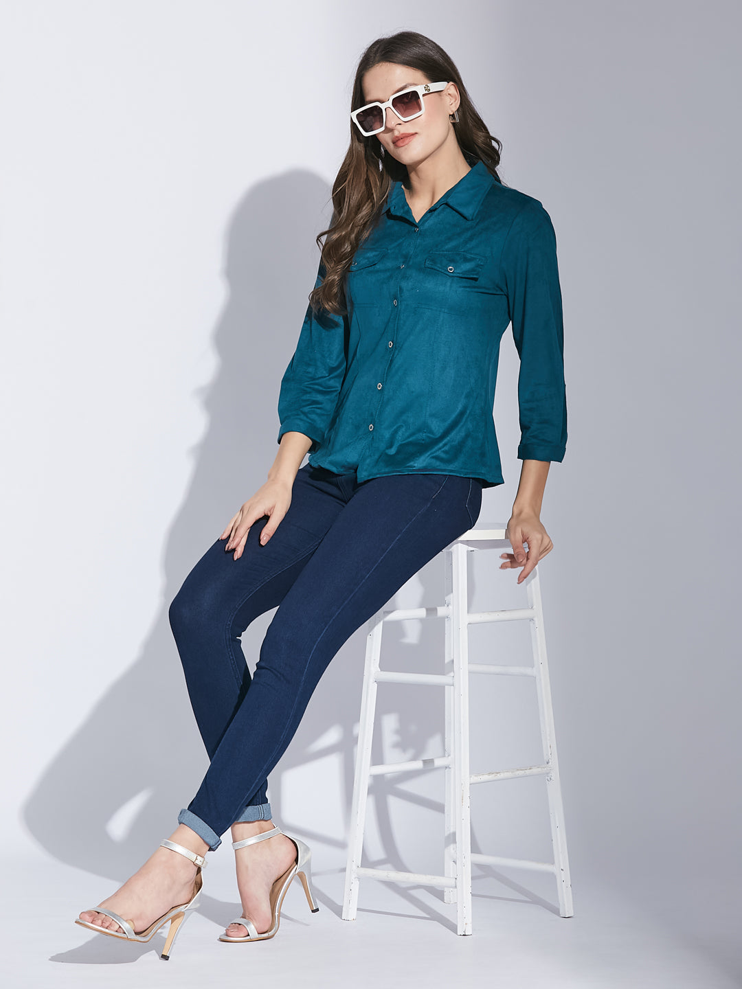 Latin Quarters Women Teal Shirt Collar 3/4 Sleeve Solid Shirt