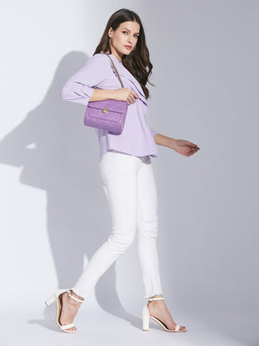 Latin Quarters Women Lavender Mandarin Collar 3/4 Sleeve Solid Top