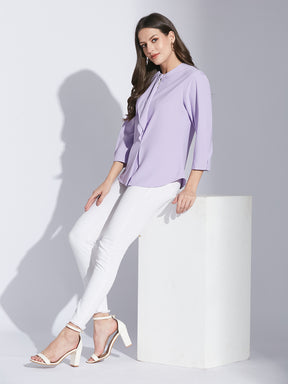 Latin Quarters Women Lavender Mandarin Collar 3/4 Sleeve Solid Top