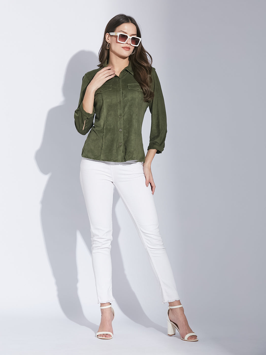 Latin Quarters Women Green Shirt Collar 3/4 Sleeve Solid Shirt