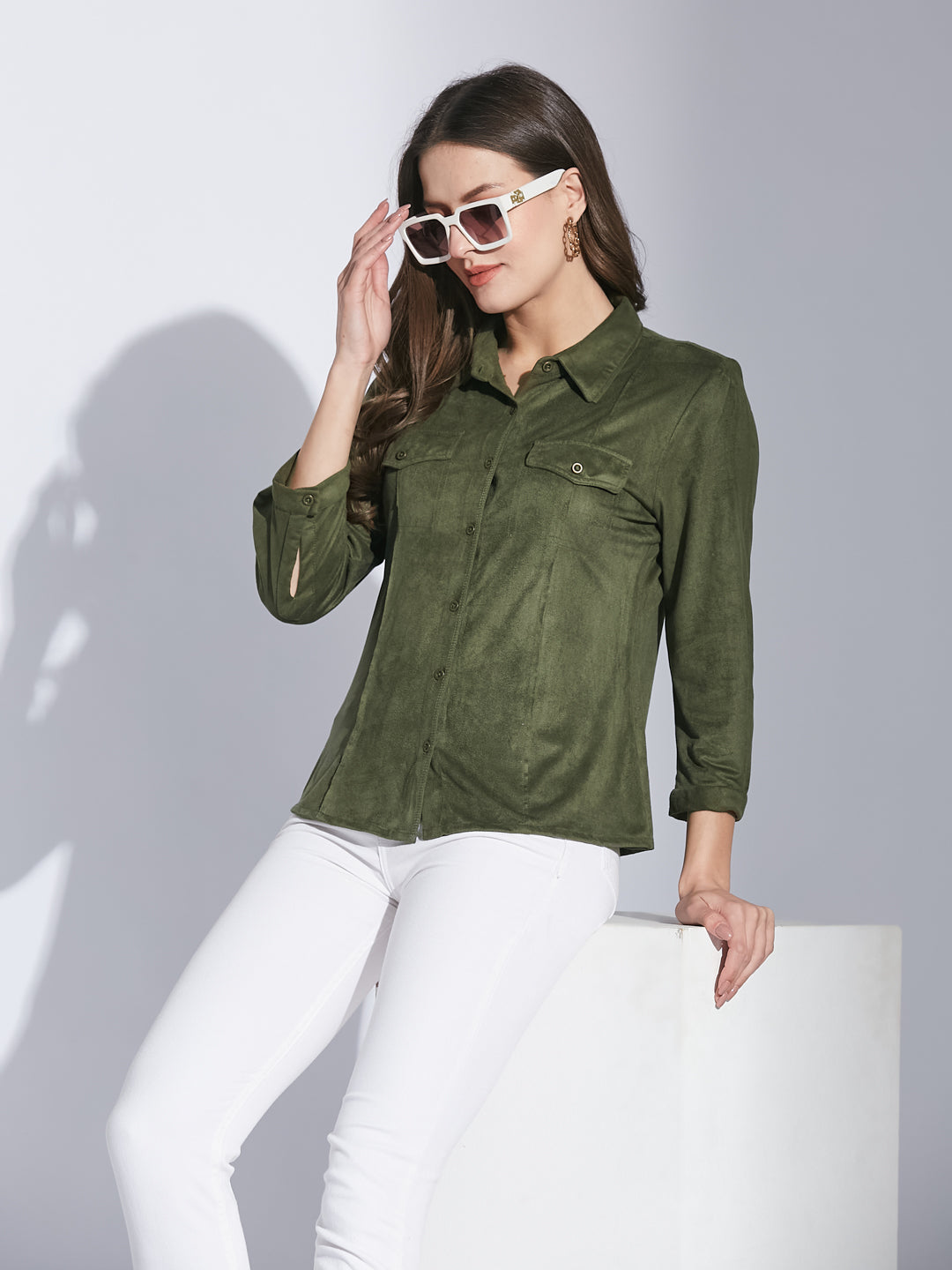 Latin Quarters Women Green Shirt Collar 3/4 Sleeve Solid Shirt