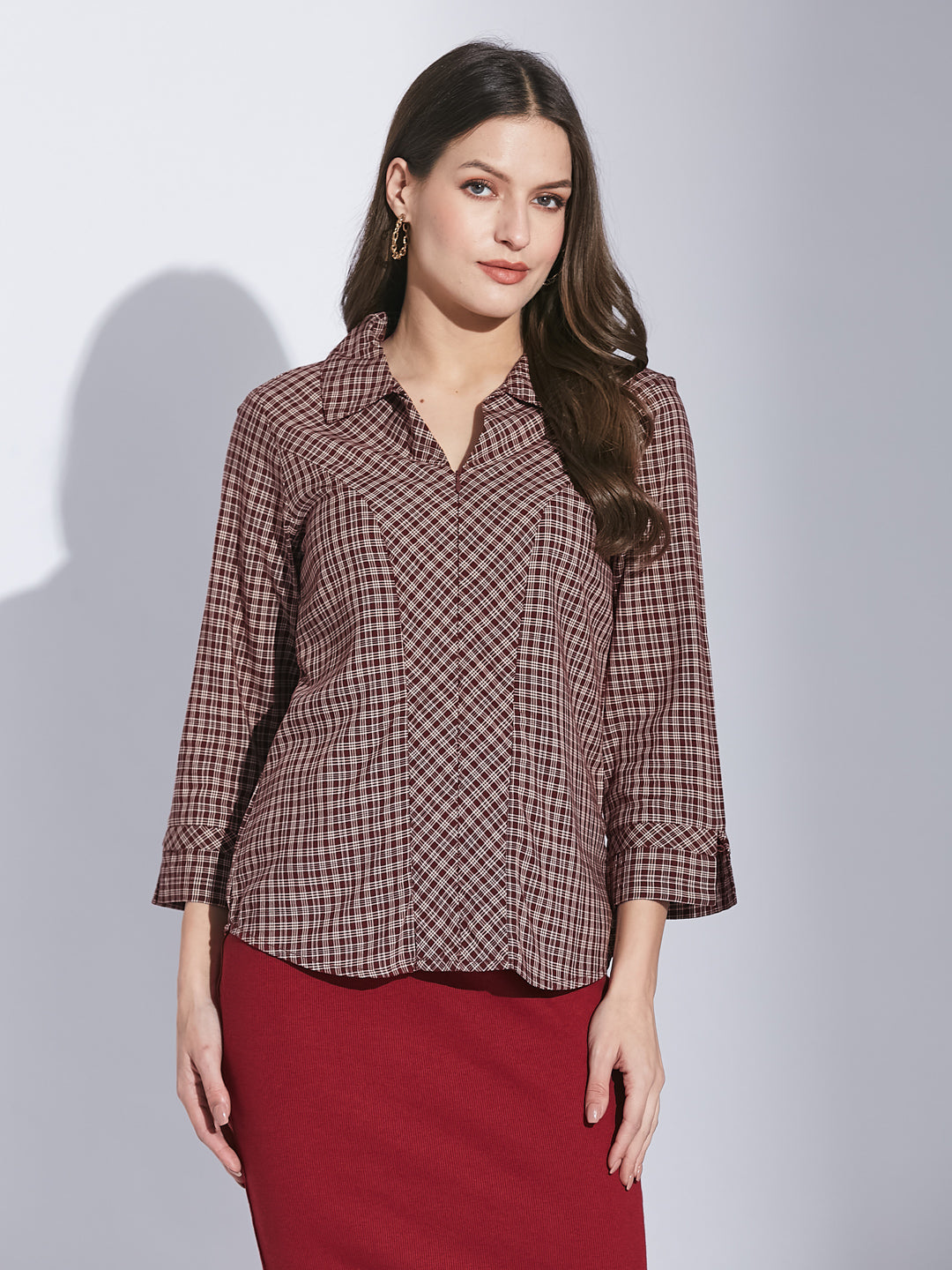 Latin Quarters Women Maroon Shirt Collar 3/4 Sleeve Check Shirt