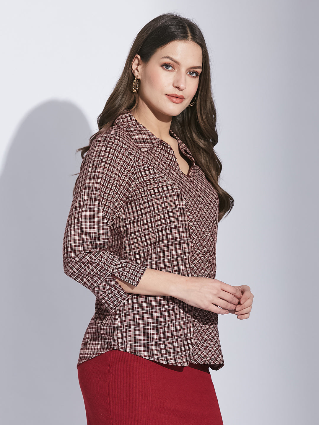 Latin Quarters Women Maroon Shirt Collar 3/4 Sleeve Check Shirt