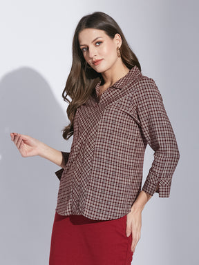 Latin Quarters Women Maroon Shirt Collar 3/4 Sleeve Check Shirt