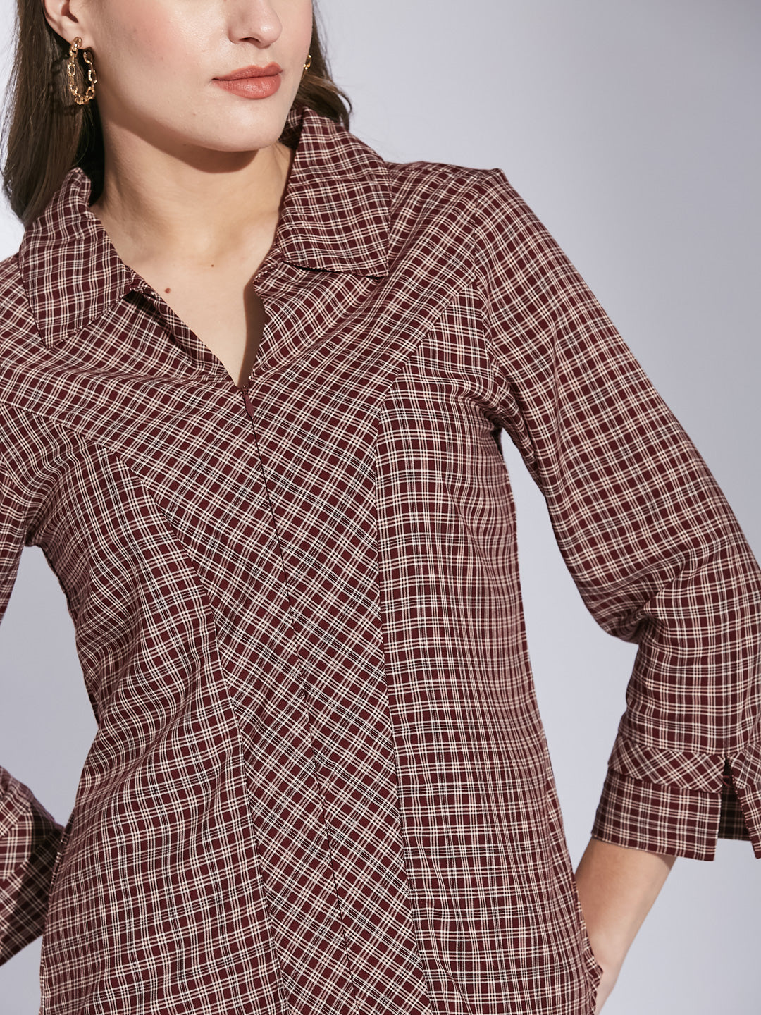 Latin Quarters Women Maroon Shirt Collar 3/4 Sleeve Check Shirt