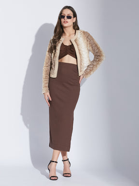 Latin Quarters Women Beige Mandarin Collar Full Sleeve Solid Jacket