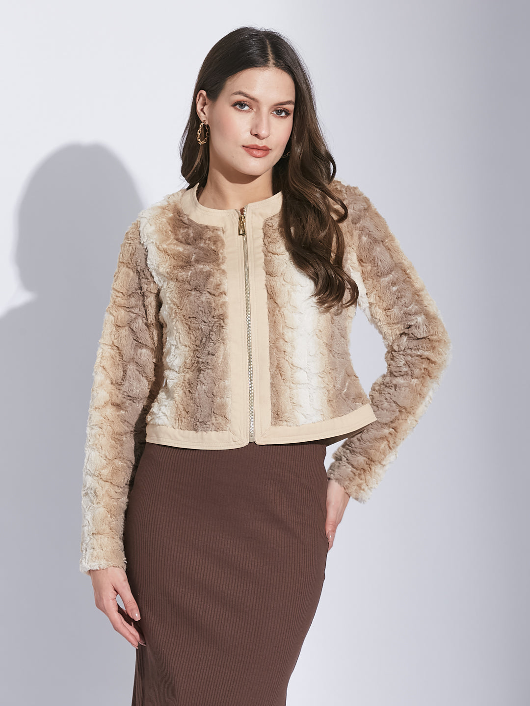 Latin Quarters Women Beige Mandarin Collar Full Sleeve Solid Jacket