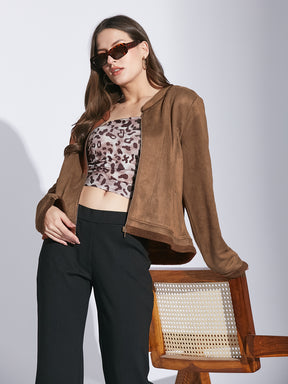 Latin Quarters Women Brown Mandarin Collar Full Sleeve Solid Jacket