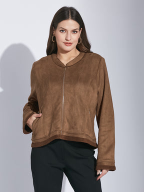Latin Quarters Women Brown Mandarin Collar Full Sleeve Solid Jacket