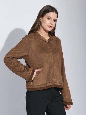 Latin Quarters Women Brown Mandarin Collar Full Sleeve Solid Jacket