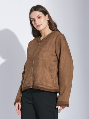 Latin Quarters Women Brown Mandarin Collar Full Sleeve Solid Jacket