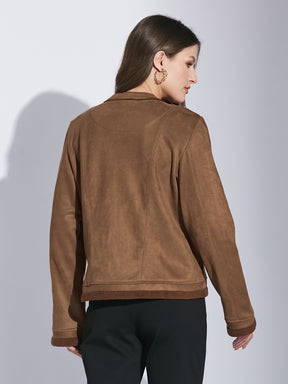 Latin Quarters Women Brown Mandarin Collar Full Sleeve Solid Jacket