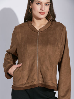 Latin Quarters Women Brown Mandarin Collar Full Sleeve Solid Jacket