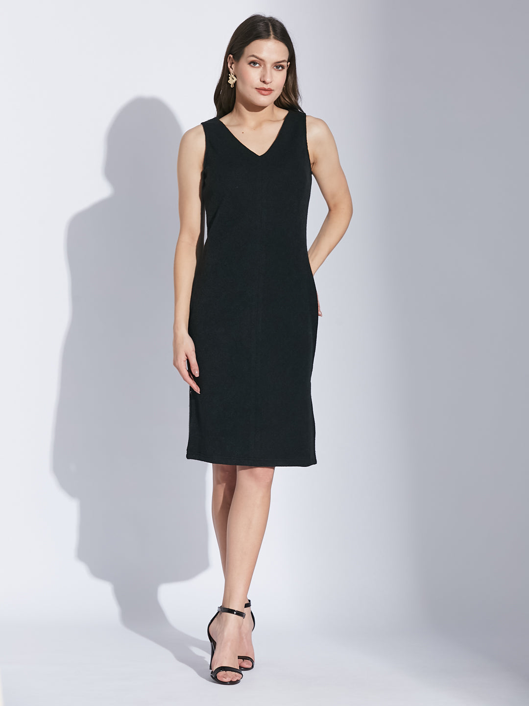 Latin Quarters Women Black V-Neck Full Sleeve Solid Dress