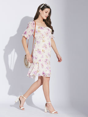 Latin Quarters Women Lilac Square Neck Half Sleeve Floral Dress