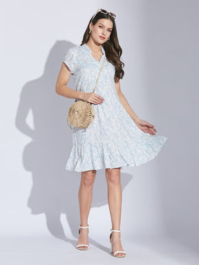 Latin Quarters Women Blue Mandarin Collar Half Sleeve Floral Dress