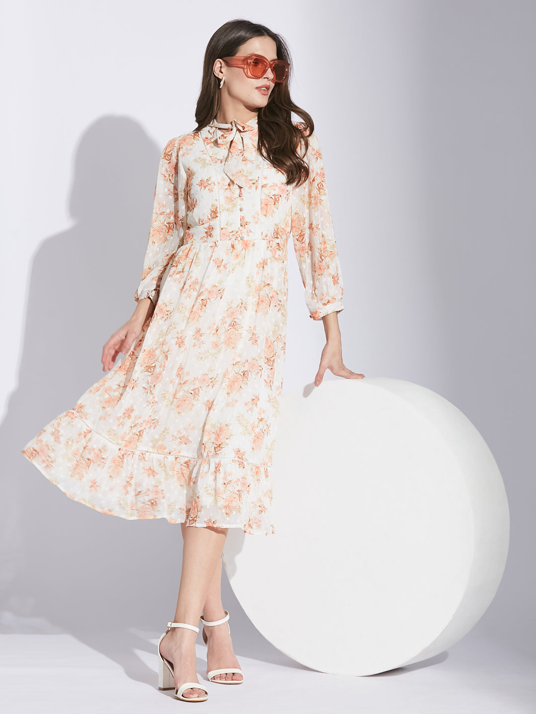 Latin Quarters Women Orange Tie-Up Neck 3/4 Sleeve Floral Dress