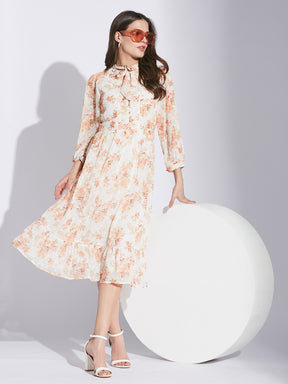 Latin Quarters Women Orange Tie-Up Neck 3/4 Sleeve Floral Dress