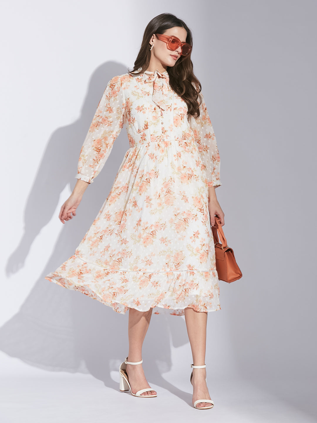 Latin Quarters Women Orange Tie-Up Neck 3/4 Sleeve Floral Dress
