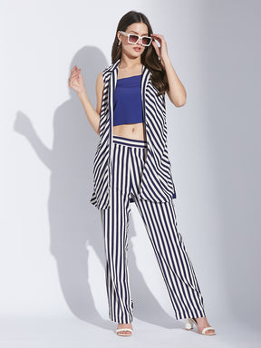 Latin Quarters Women Blue Navy Shirt Collar Sleeveless Stripes Co-Ord Set