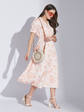 Latin Quarters Women Pink Shirt Collar Half Sleeve Floral Dress